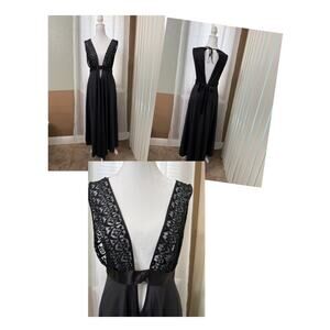 VTG Black S/M Lace Plunge Lingerie Gown Maxi Deep V Open Back Sheer Nightgown